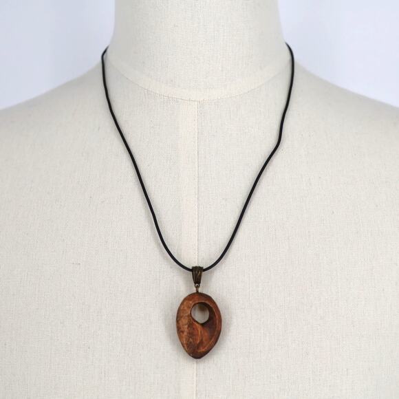 Handmade Curved Wooden Yin Yang Minimalist Modern Pendant Necklace - Picture 2 of 3
